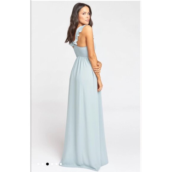 Show me your mumu June Maxi Dress Silver Sage Crisp Sleeveless Ruffle Straps M - Picture 3 of 5